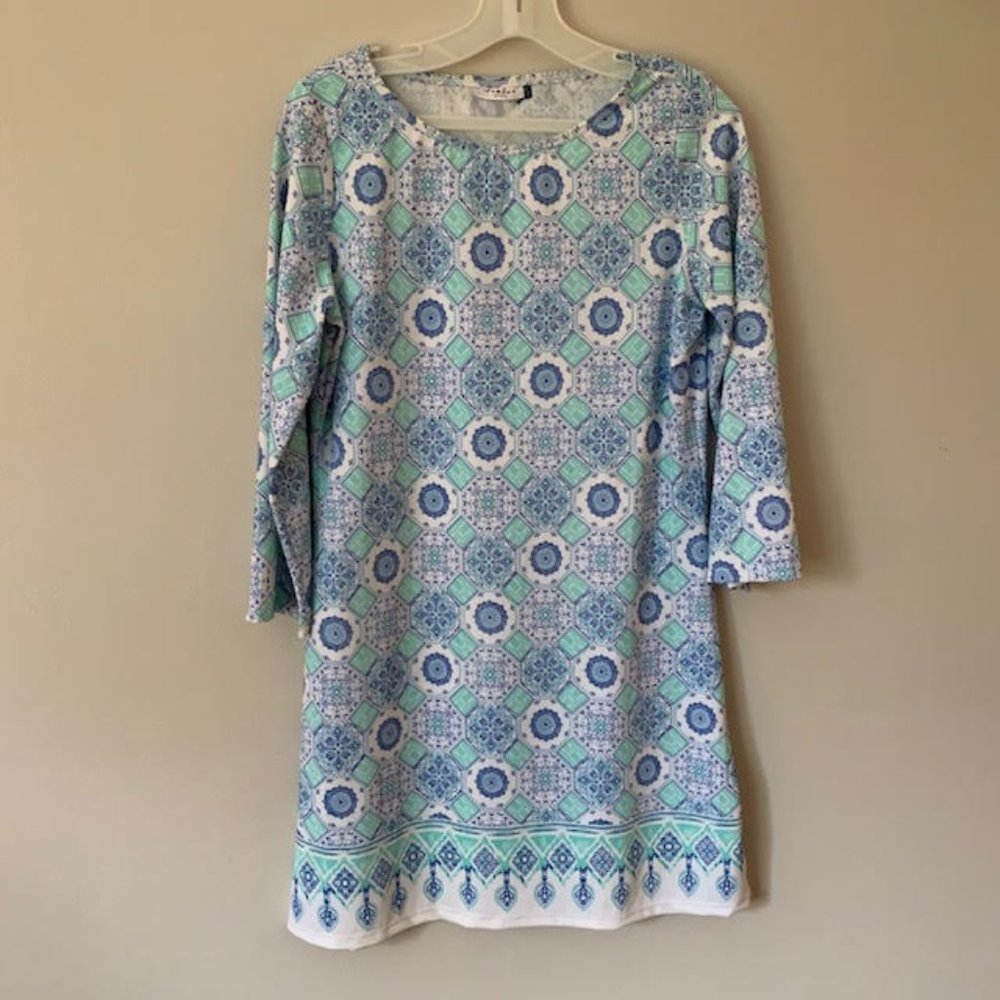 Blue & Mint Geometric Shift Dress - Women